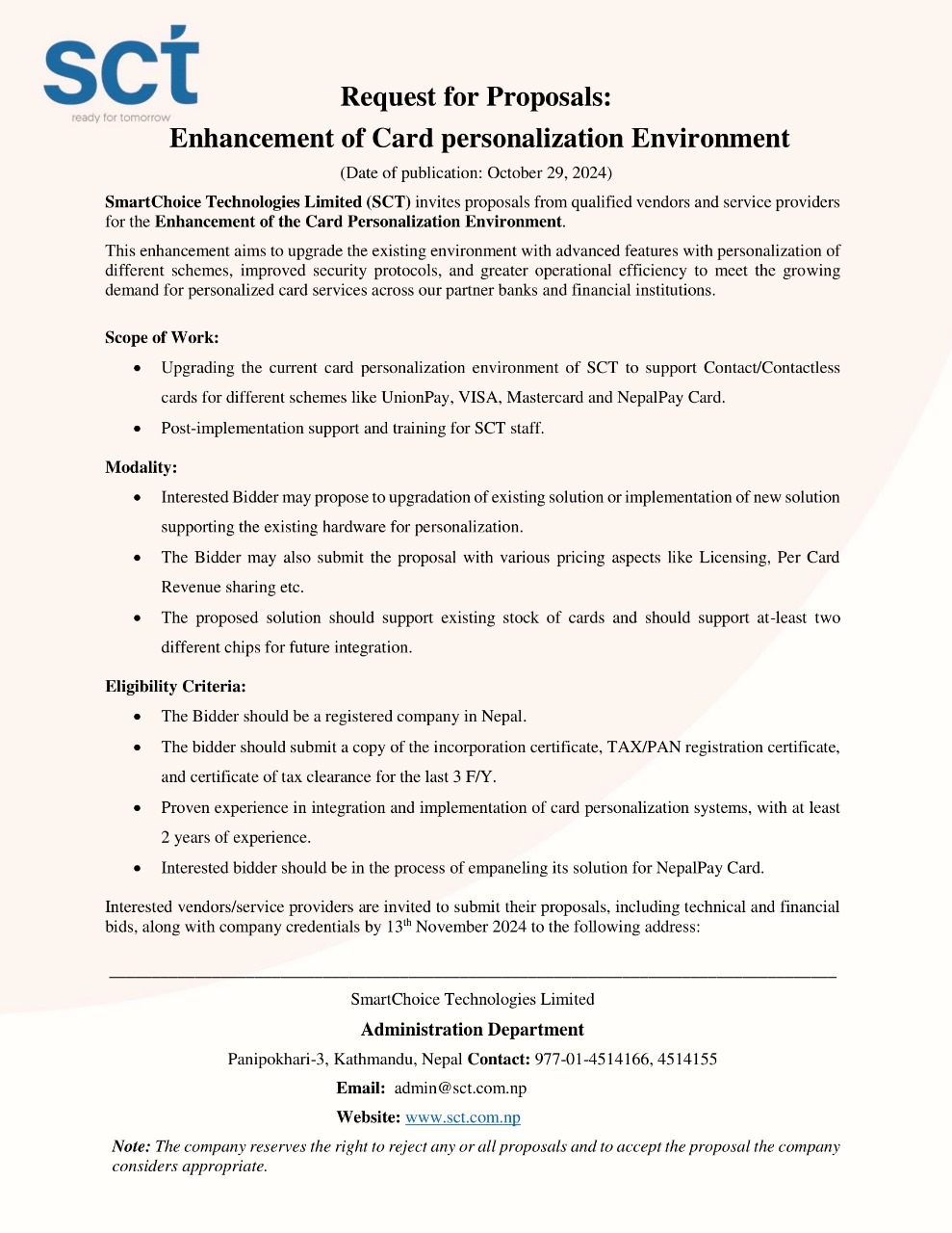 Request for Proposal: Enhancement of Card personalization environment to Smartchoice Technologies Ltd.