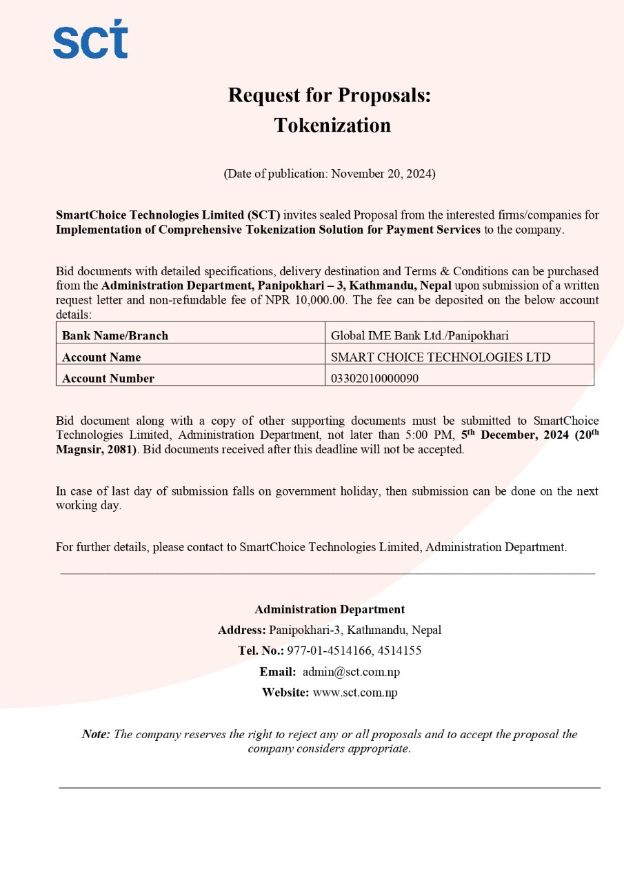 Request for Proposal: Implementation of Comprehensive Tokenization Solution for Payment Services to SmartChoice Technologies Ltd.